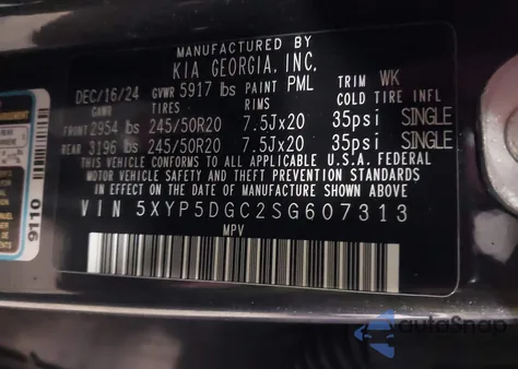 2025 Kia Telluride Sx Prestige X-Line z USA, uszkodzony, nr VIN 5XYP5DGC2SG607313